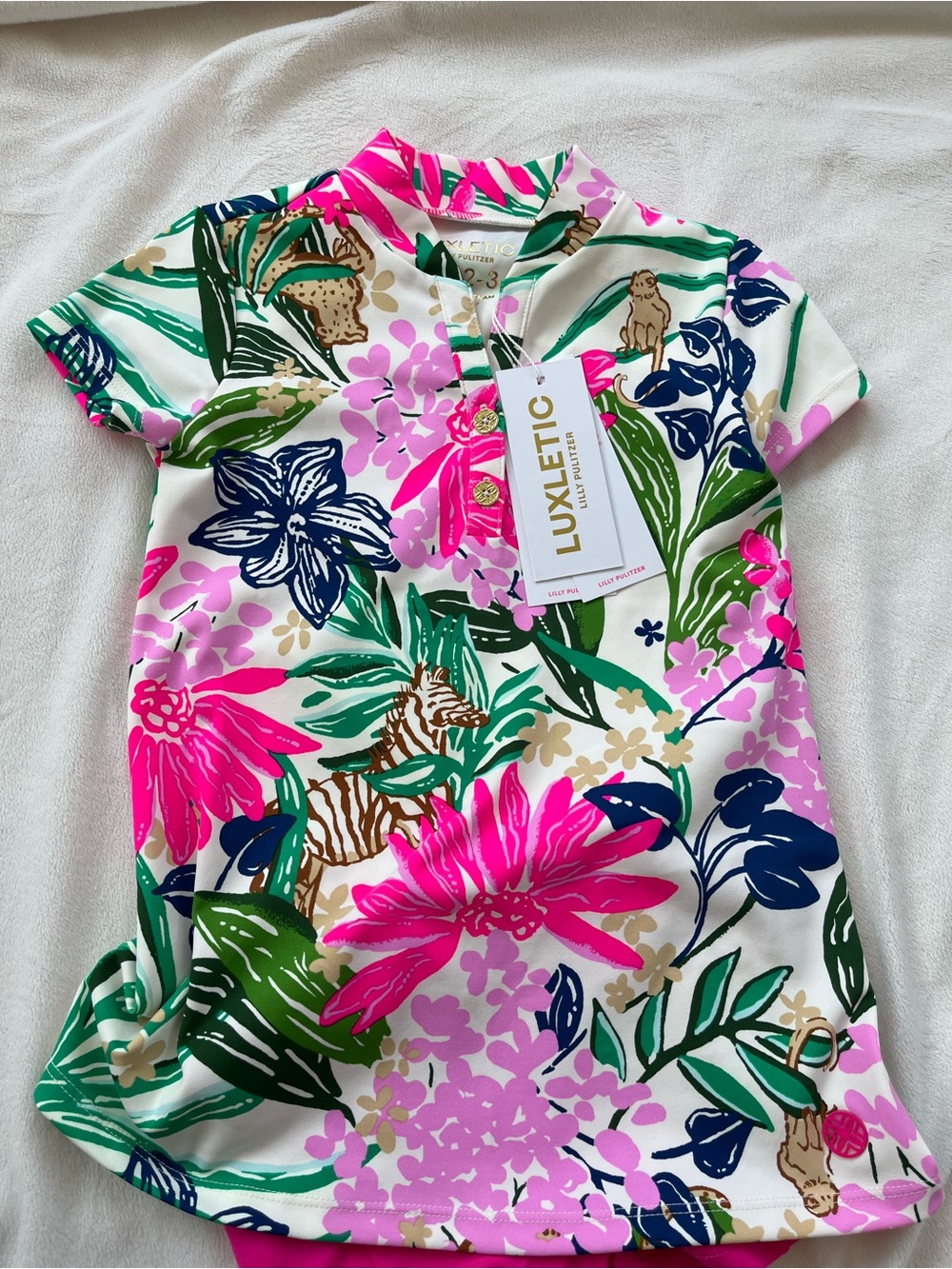 Lilly Pulitzer Girls' Tropical Polo Dress in Hot Pink, Green & Navy